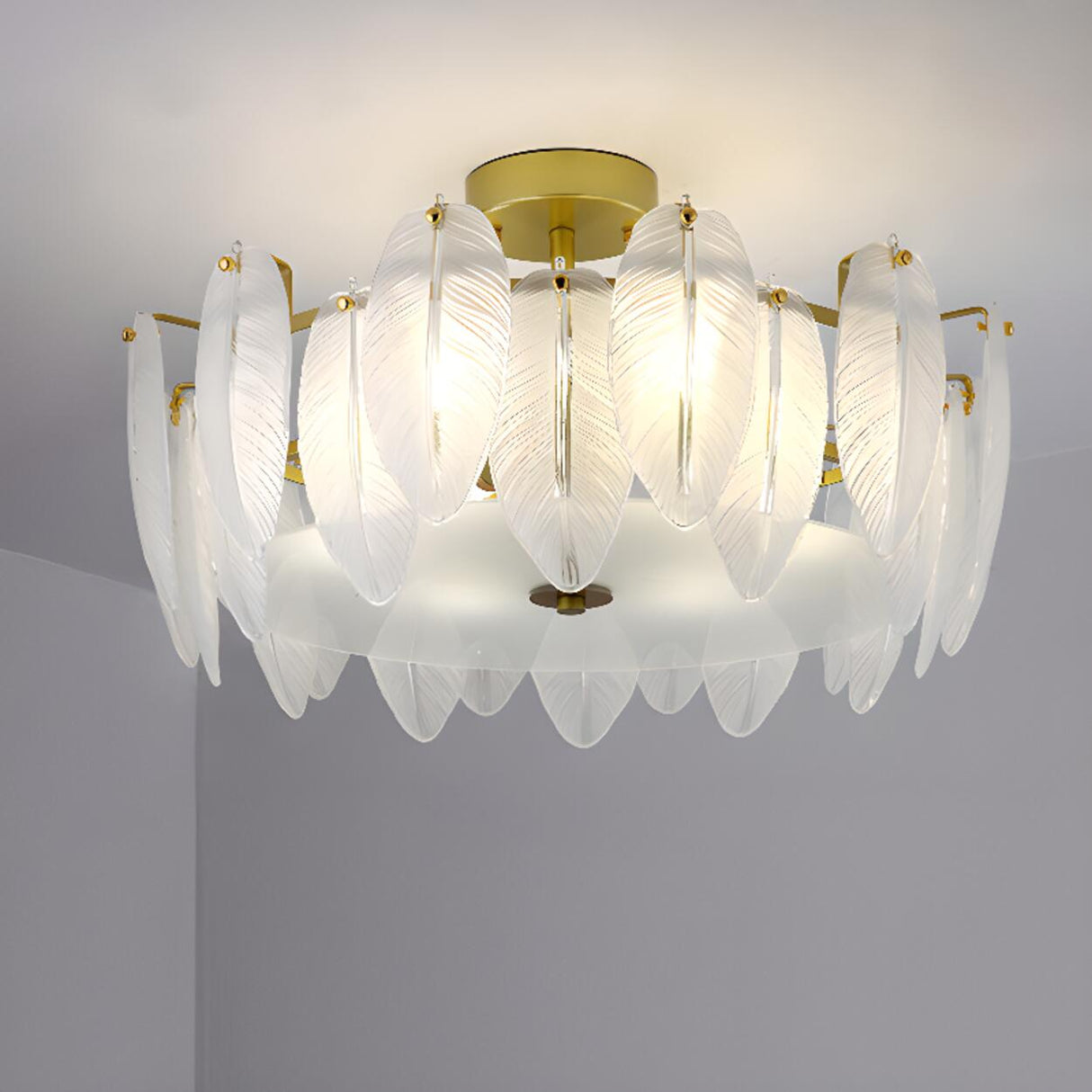 Frosted Feather Drum Crystal Semi-Flush Mount Light Image - 8