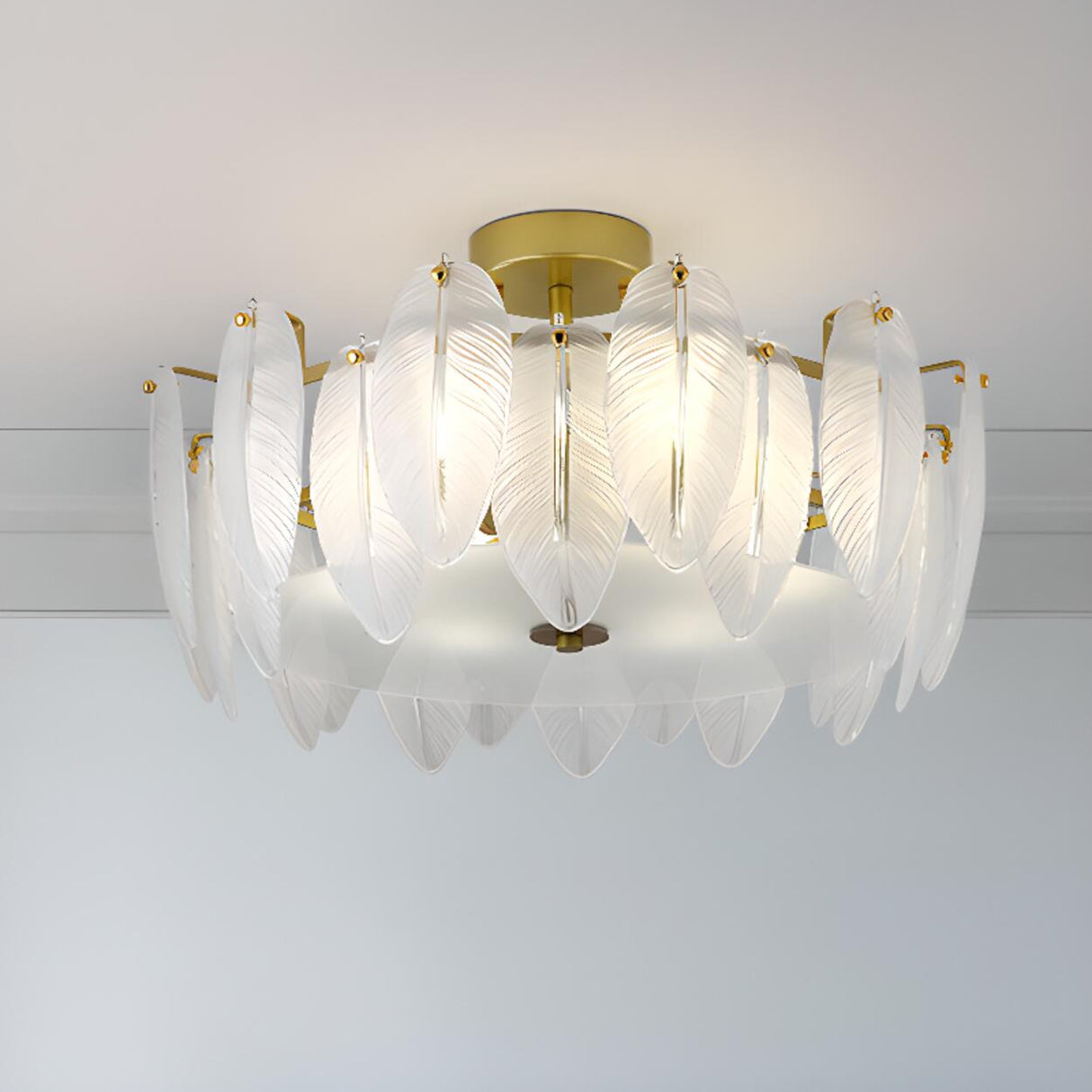 Frosted Feather Drum Crystal Semi-Flush Mount Light Image - 9