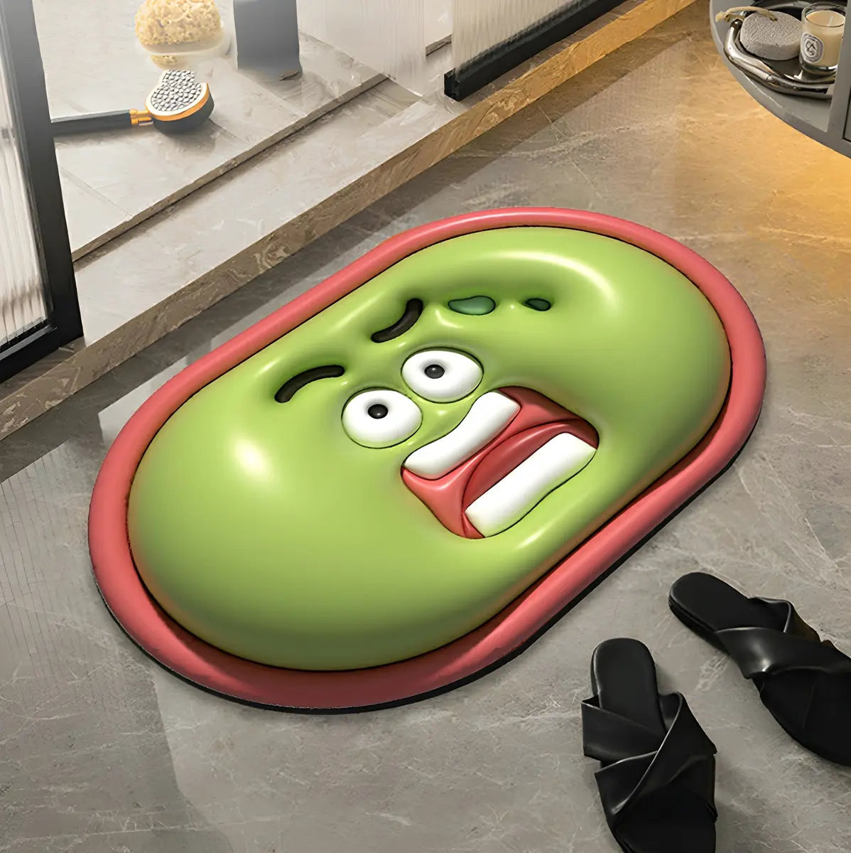 Fun Cartoon Face Oval Rubber Green Anti-Slip Area Rug Image - 1