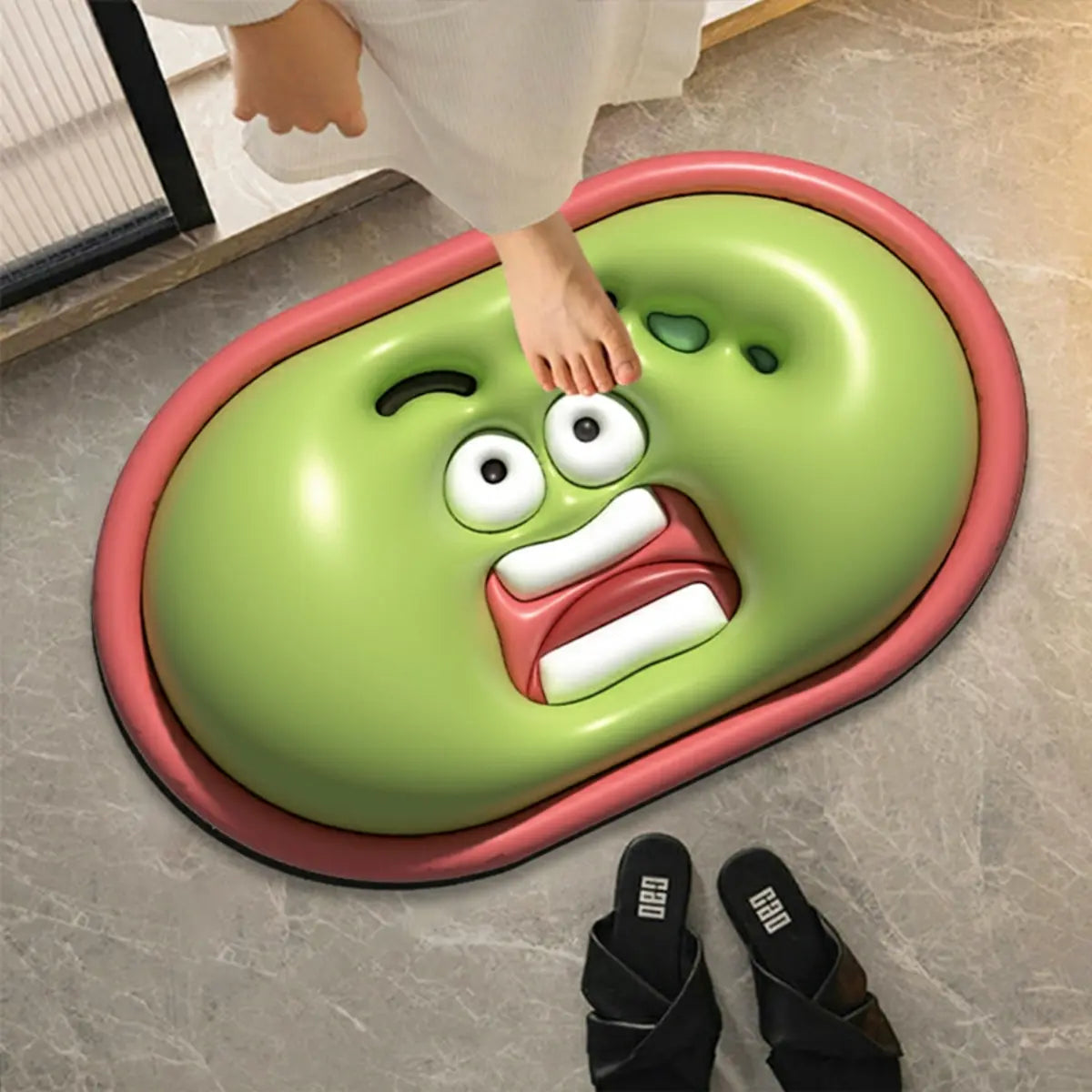 Fun Cartoon Face Oval Rubber Green Anti-Slip Area Rug Image - 2