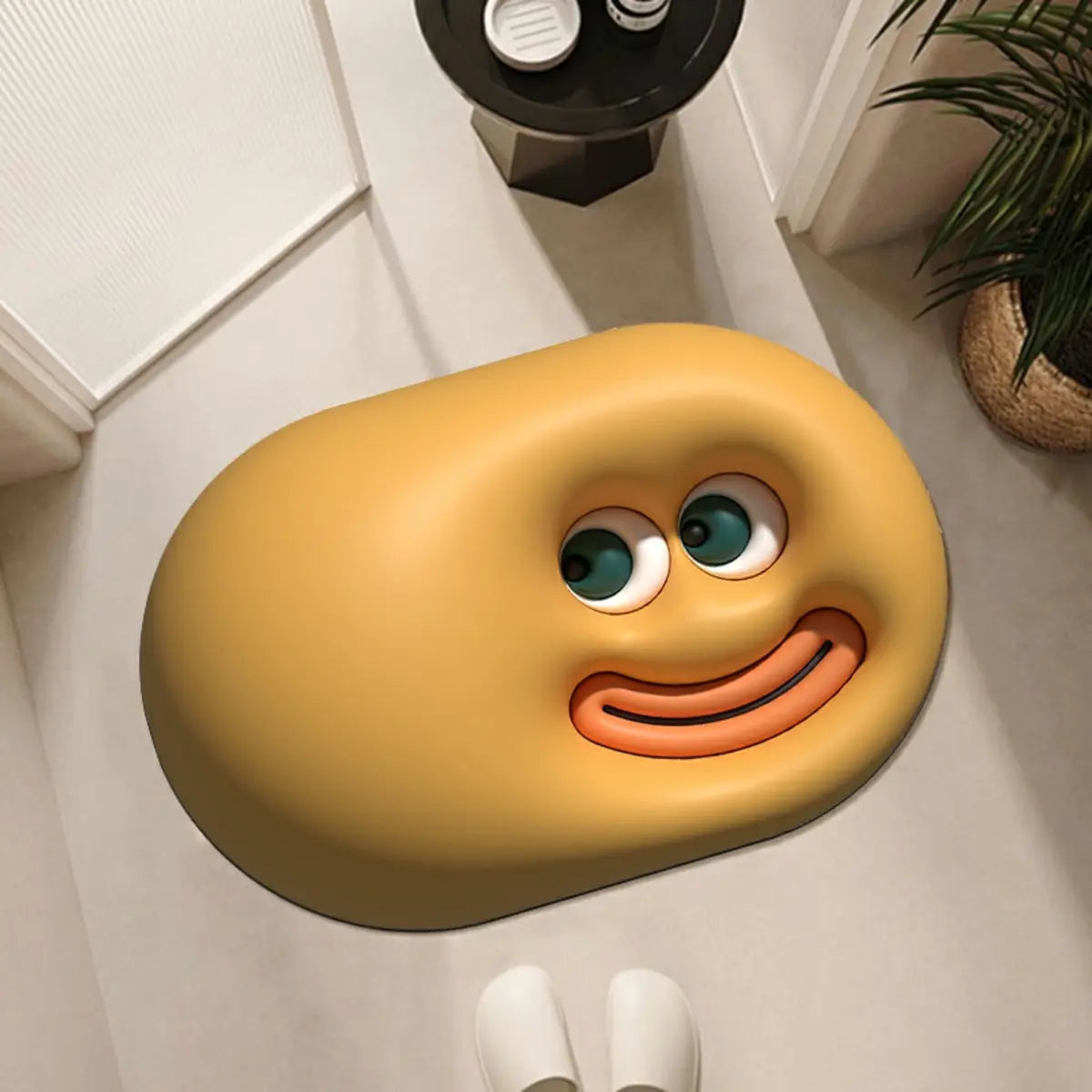 Fun Cartoon Face Oval Rubber Green Anti-Slip Area Rug Image - 3