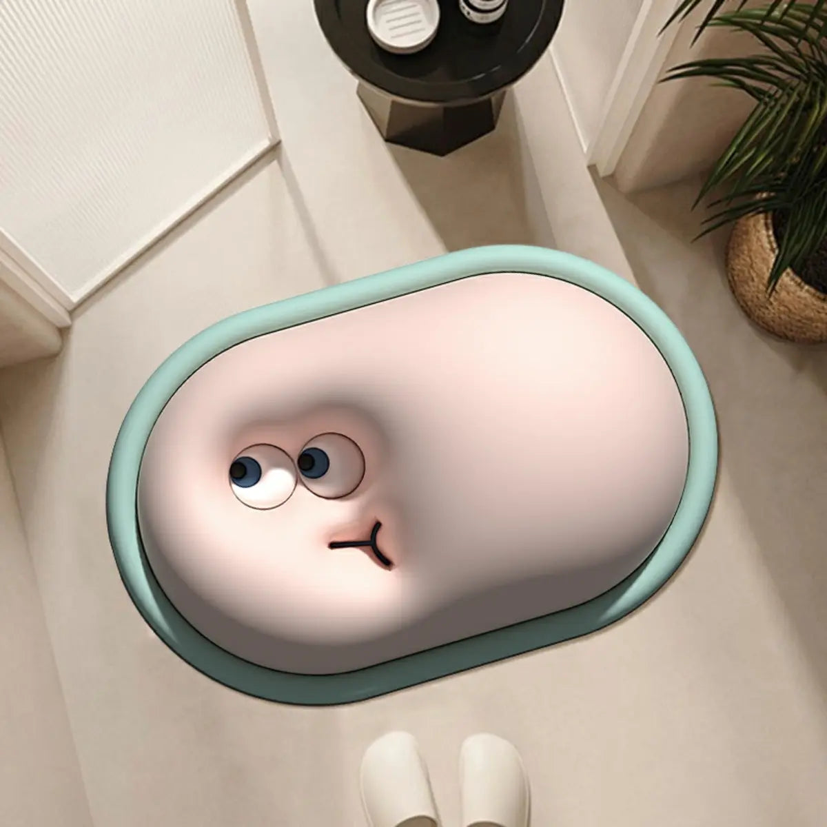 Fun Cartoon Face Oval Rubber Green Anti-Slip Area Rug Image - 4