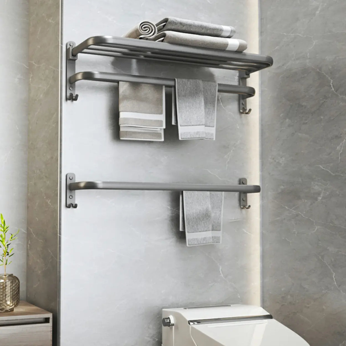 Functional Grey Metal Bathroom Hardware Set with Shelves Image - 12
