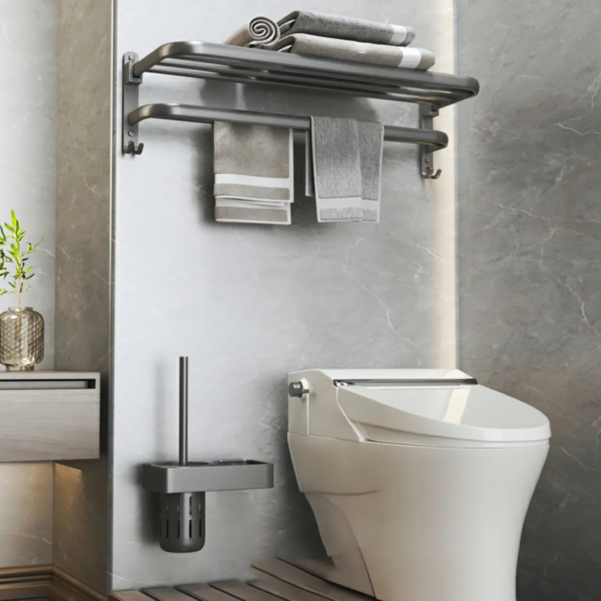 Functional Grey Metal Bathroom Hardware Set with Shelves Image - 13