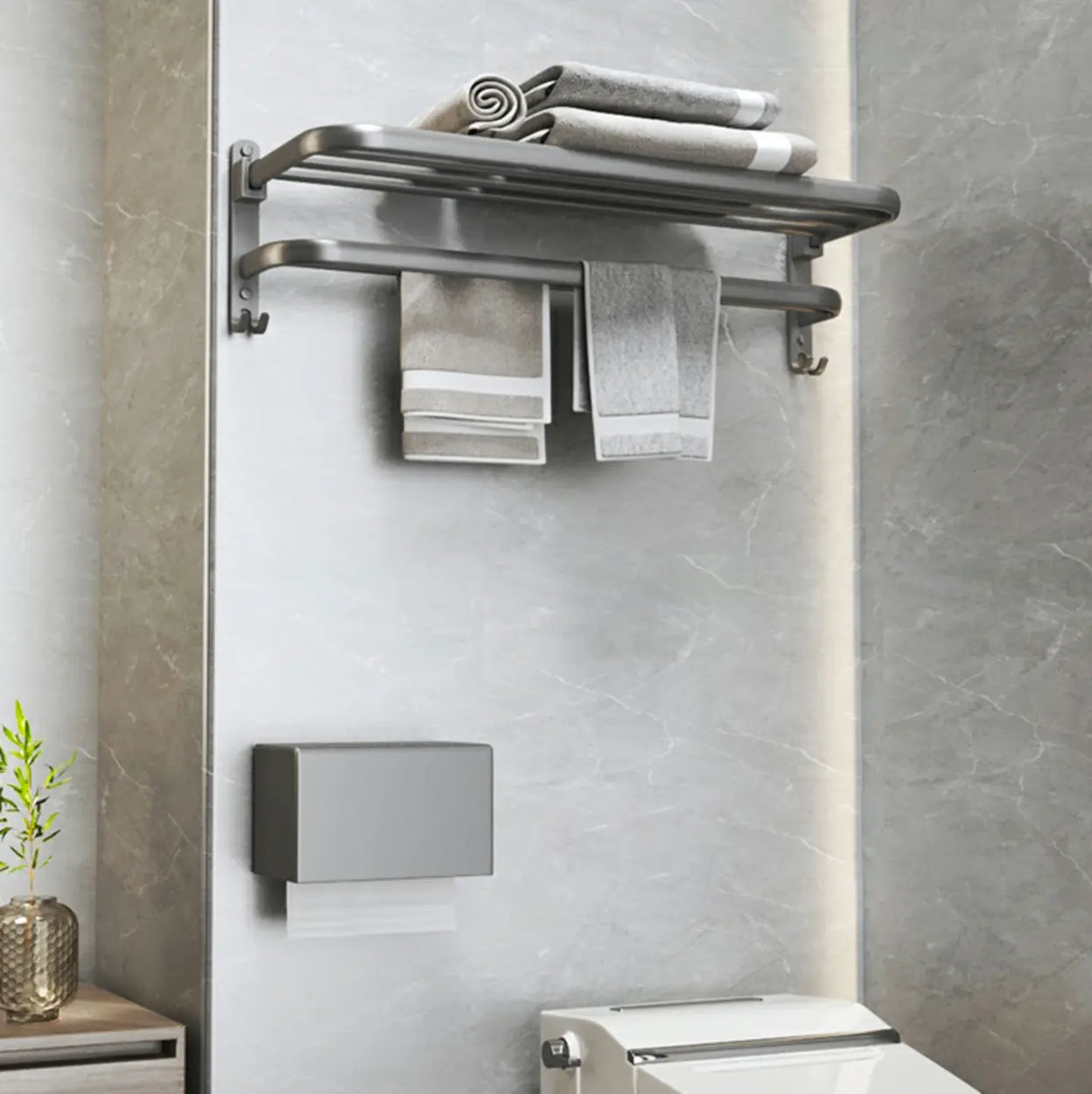 Functional Grey Metal Bathroom Hardware Set with Shelves Image - 16