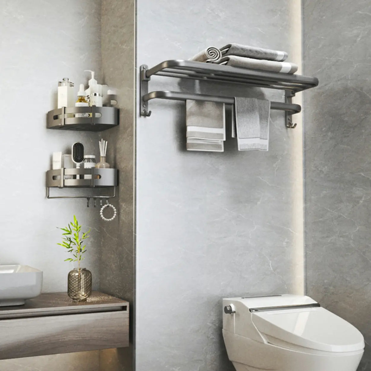 Functional Grey Metal Bathroom Hardware Set with Shelves Image - 18
