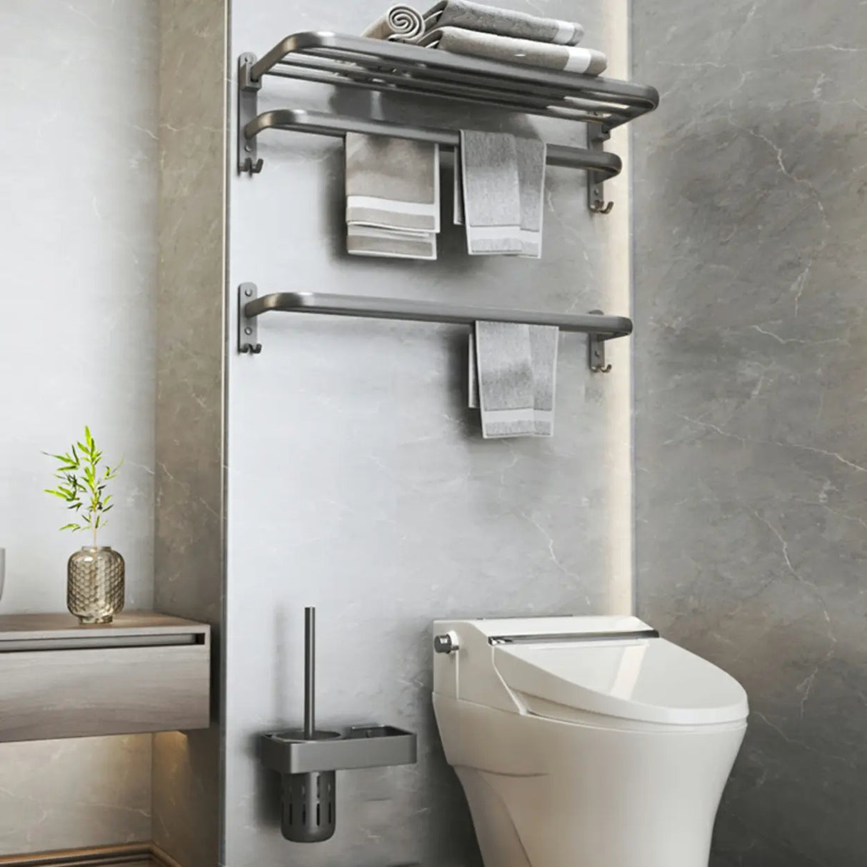 Functional Grey Metal Bathroom Hardware Set with Shelves Image - 19