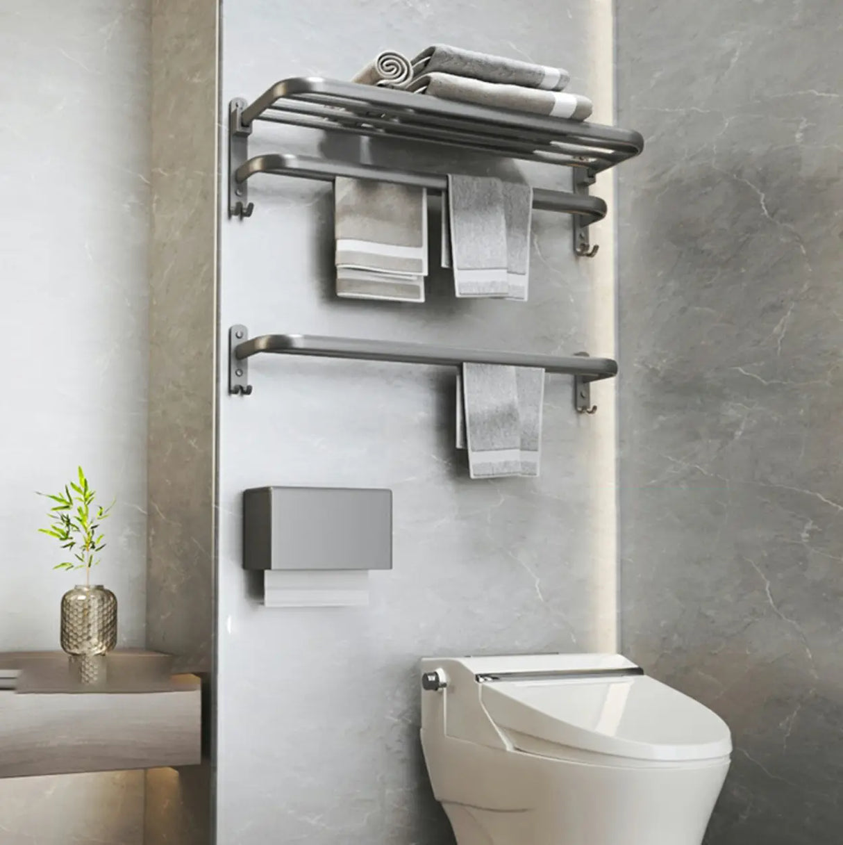 Functional Grey Metal Bathroom Hardware Set with Shelves Image - 20