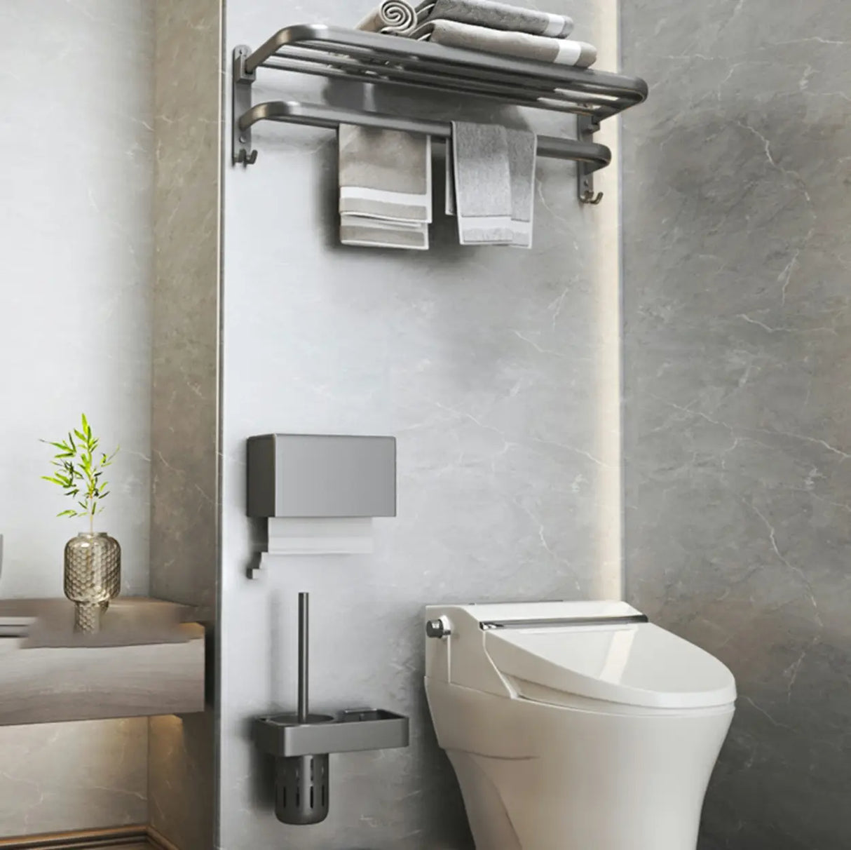 Functional Grey Metal Bathroom Hardware Set with Shelves Image - 21