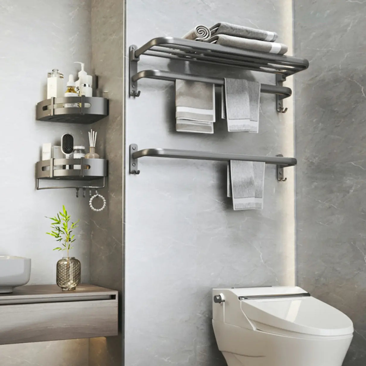 Functional Grey Metal Bathroom Hardware Set with Shelves Image - 22