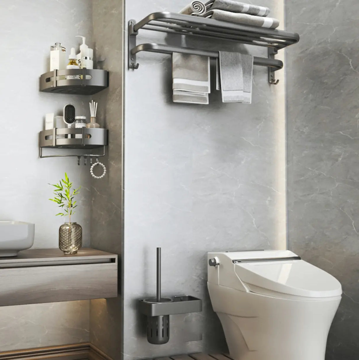 Functional Grey Metal Bathroom Hardware Set with Shelves Image - 23