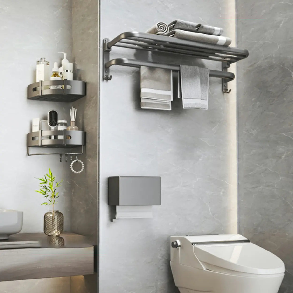 Functional Grey Metal Bathroom Hardware Set with Shelves Image - 24