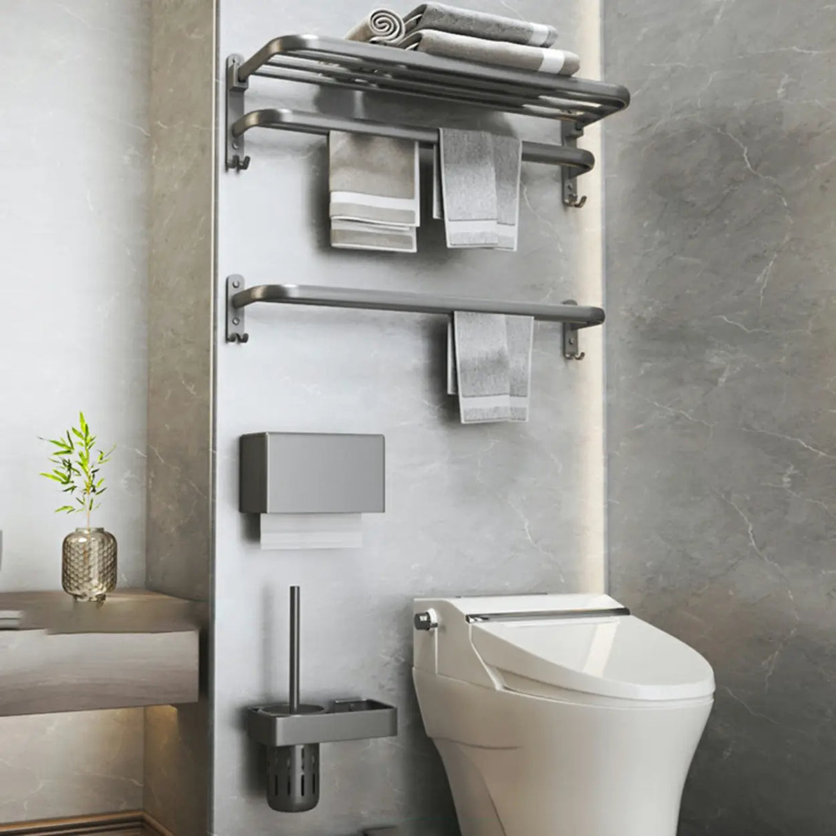 Functional Grey Metal Bathroom Hardware Set with Shelves Image - 25