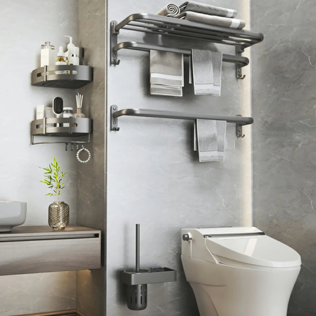 Functional Grey Metal Bathroom Hardware Set with Shelves Image - 26