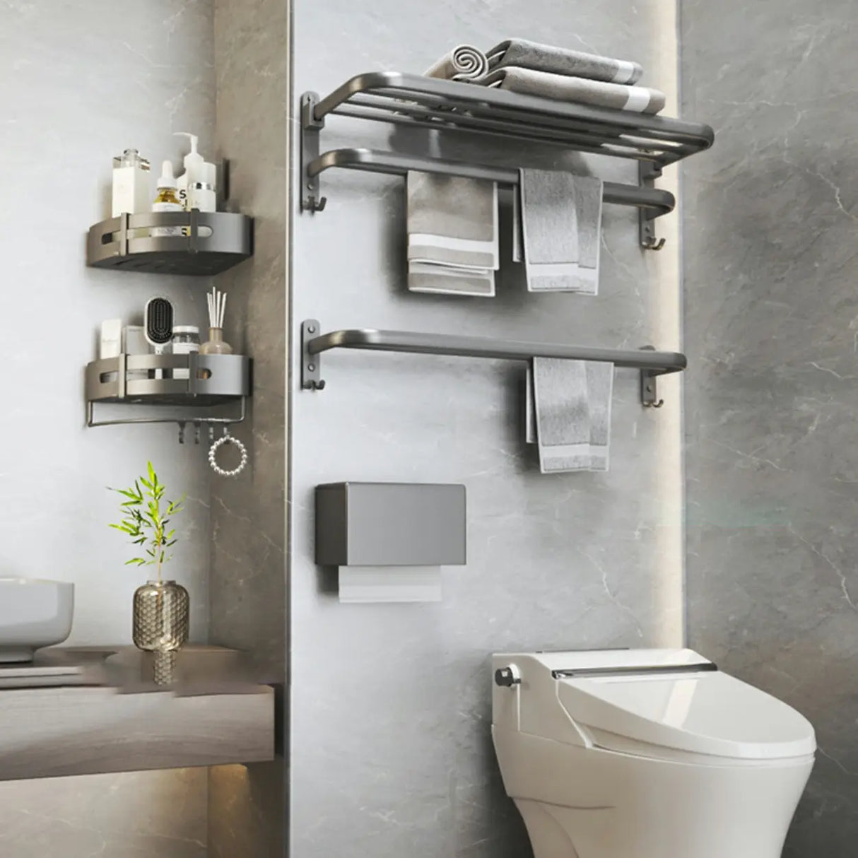 Functional Grey Metal Bathroom Hardware Set with Shelves Image - 27