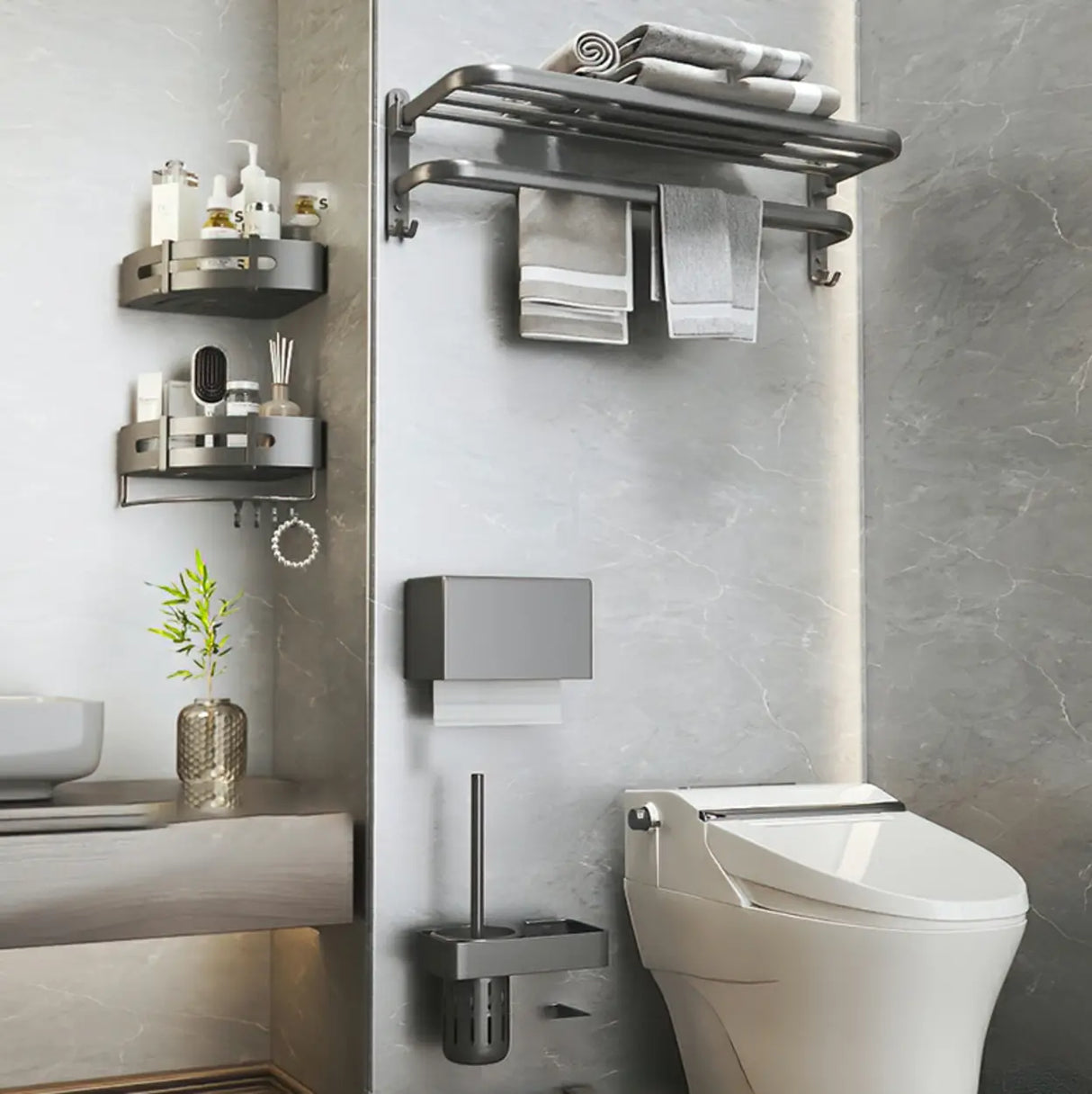 Functional Grey Metal Bathroom Hardware Set with Shelves Image - 28
