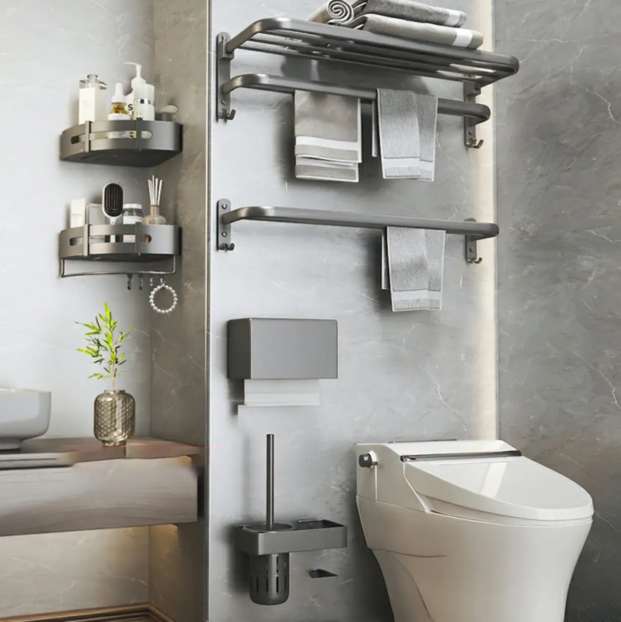 Functional Grey Metal Bathroom Hardware Set with Shelves Image - 29