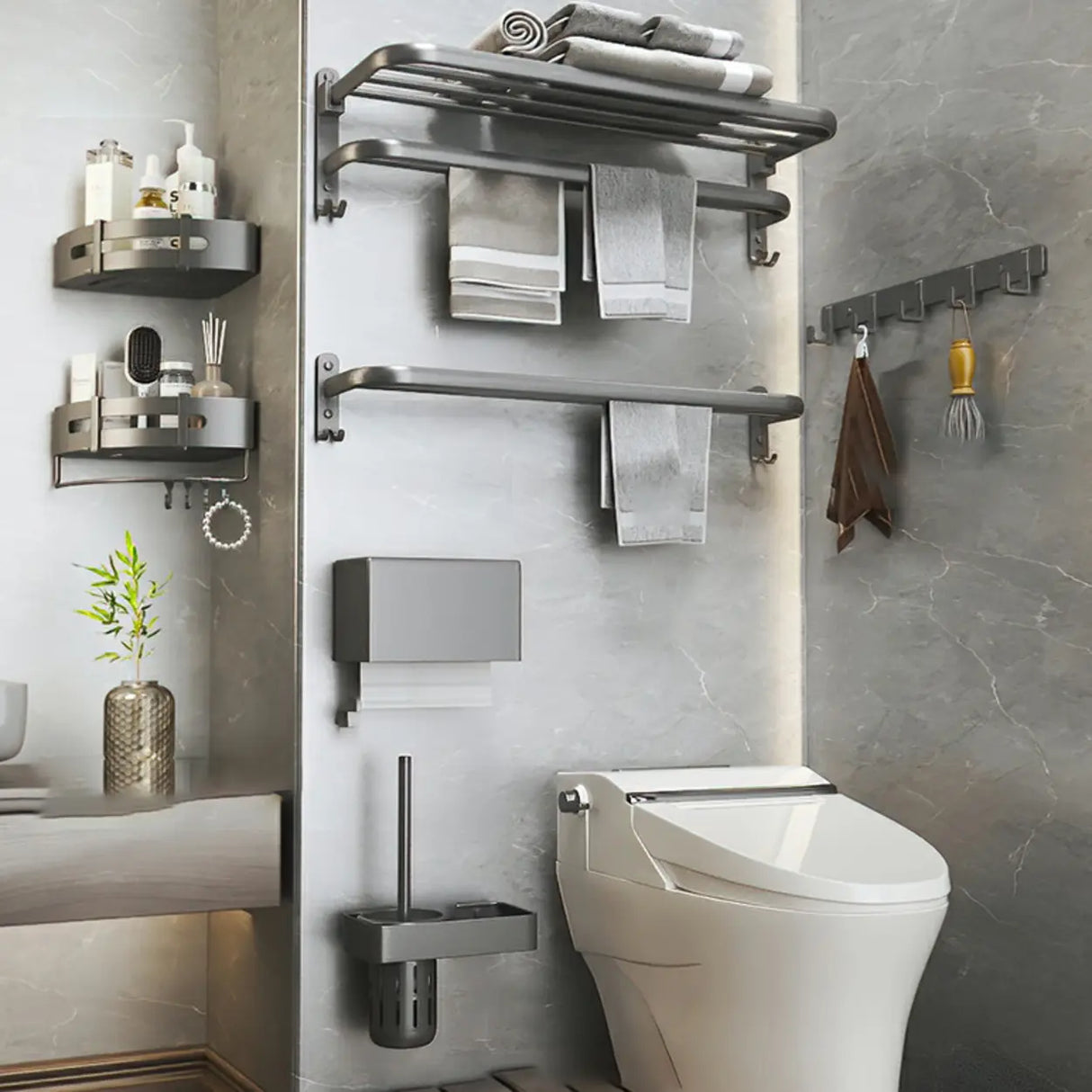 Functional Grey Metal Bathroom Hardware Set with Shelves Image - 30