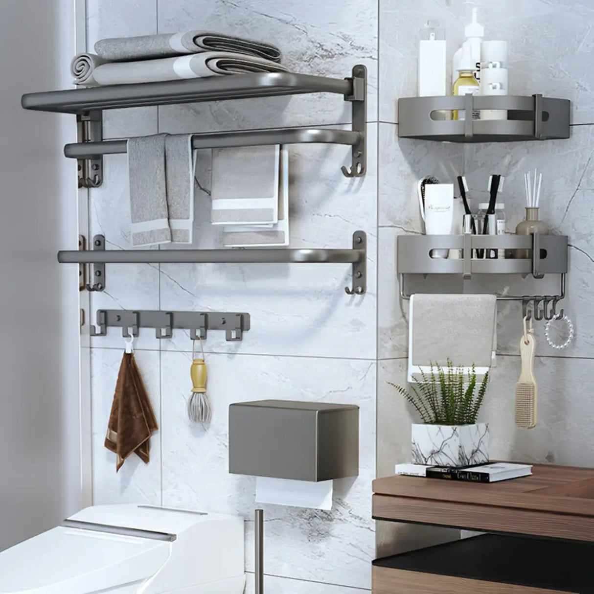 Functional Grey Metal Bathroom Hardware Set with Shelves Image - 6