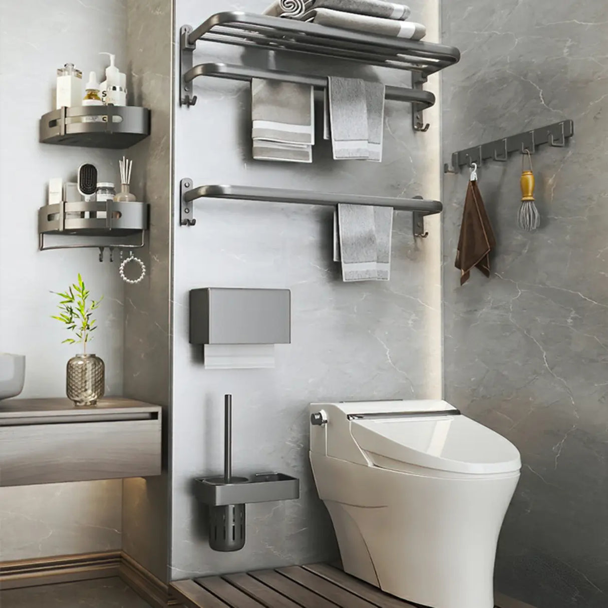 Functional Grey Metal Bathroom Hardware Set with Shelves Image - 7