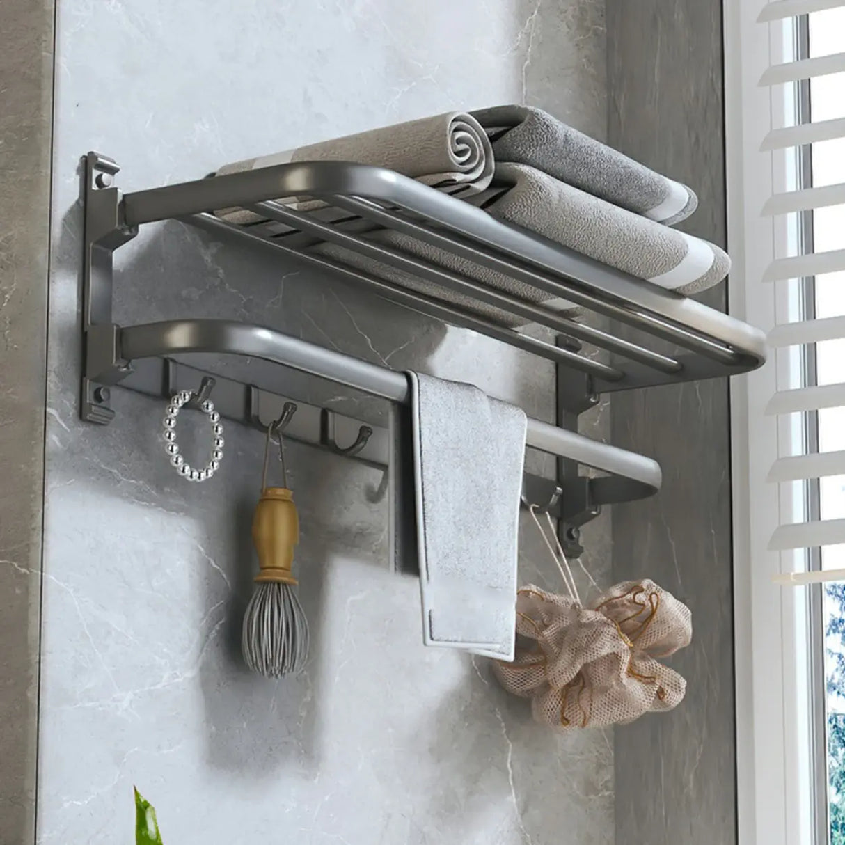 Functional Grey Metal Bathroom Hardware Set with Shelves Image - 8