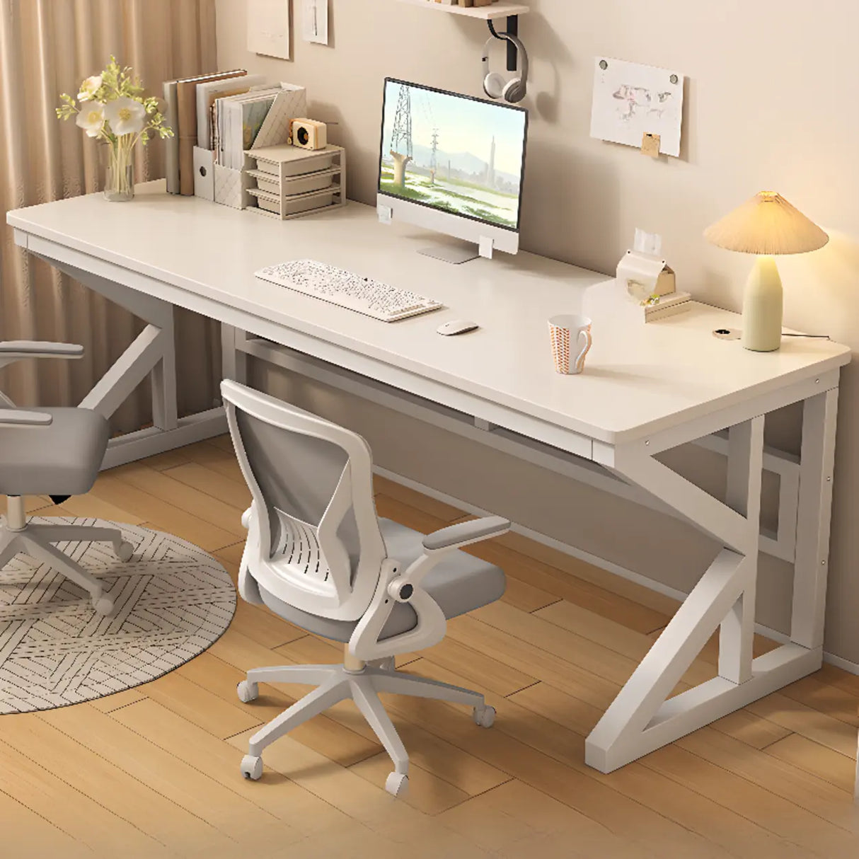 Functional White Wood Rectangle Double Computer Desk Image - 1