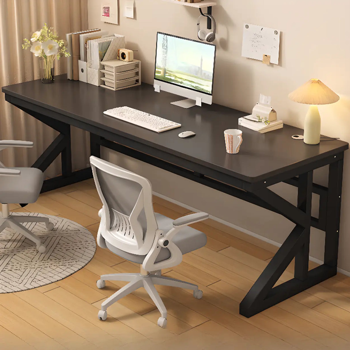 Functional White Wood Rectangle Double Computer Desk Image - 10