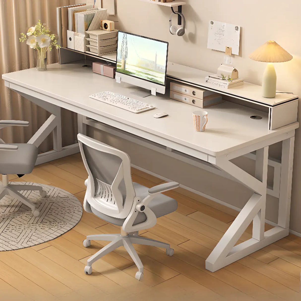 Functional White Wood Rectangle Double Computer Desk Image - 12