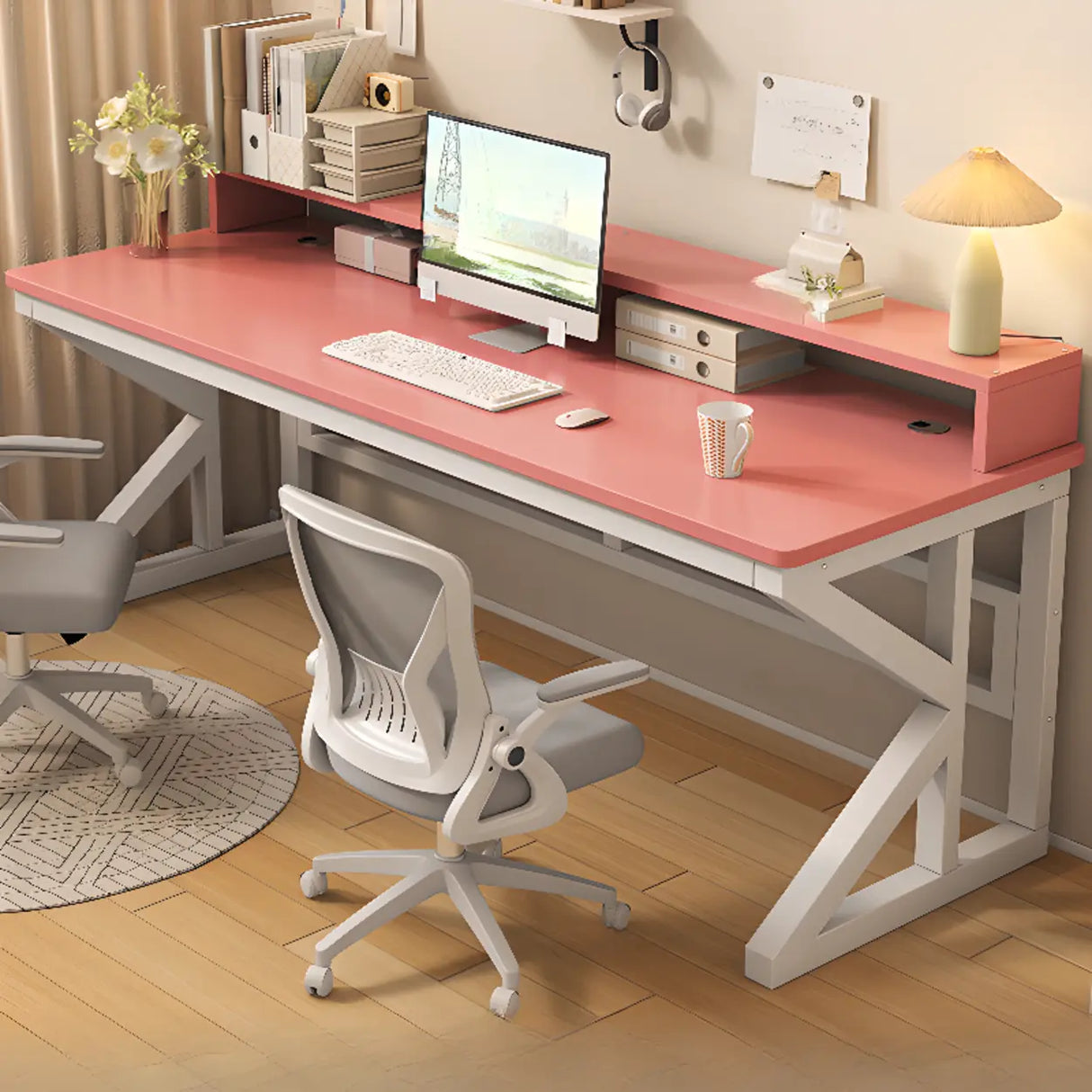 Functional White Wood Rectangle Double Computer Desk Image - 15