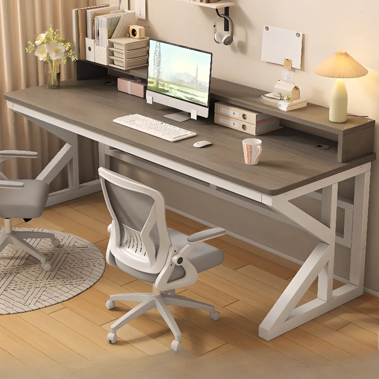 Functional White Wood Rectangle Double Computer Desk Image - 17