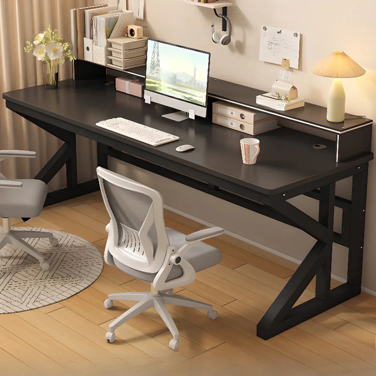 Functional White Wood Rectangle Double Computer Desk Image - 19