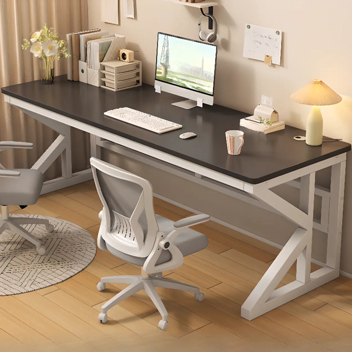 Functional White Wood Rectangle Double Computer Desk Image - 2