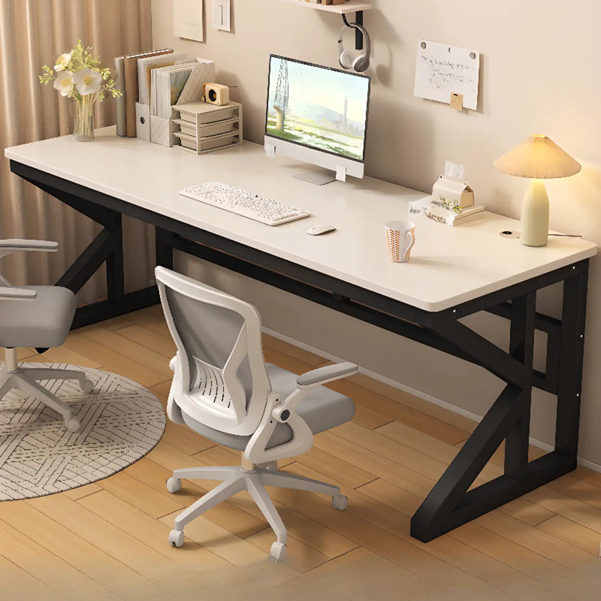 Functional White Wood Rectangle Double Computer Desk Image - 4