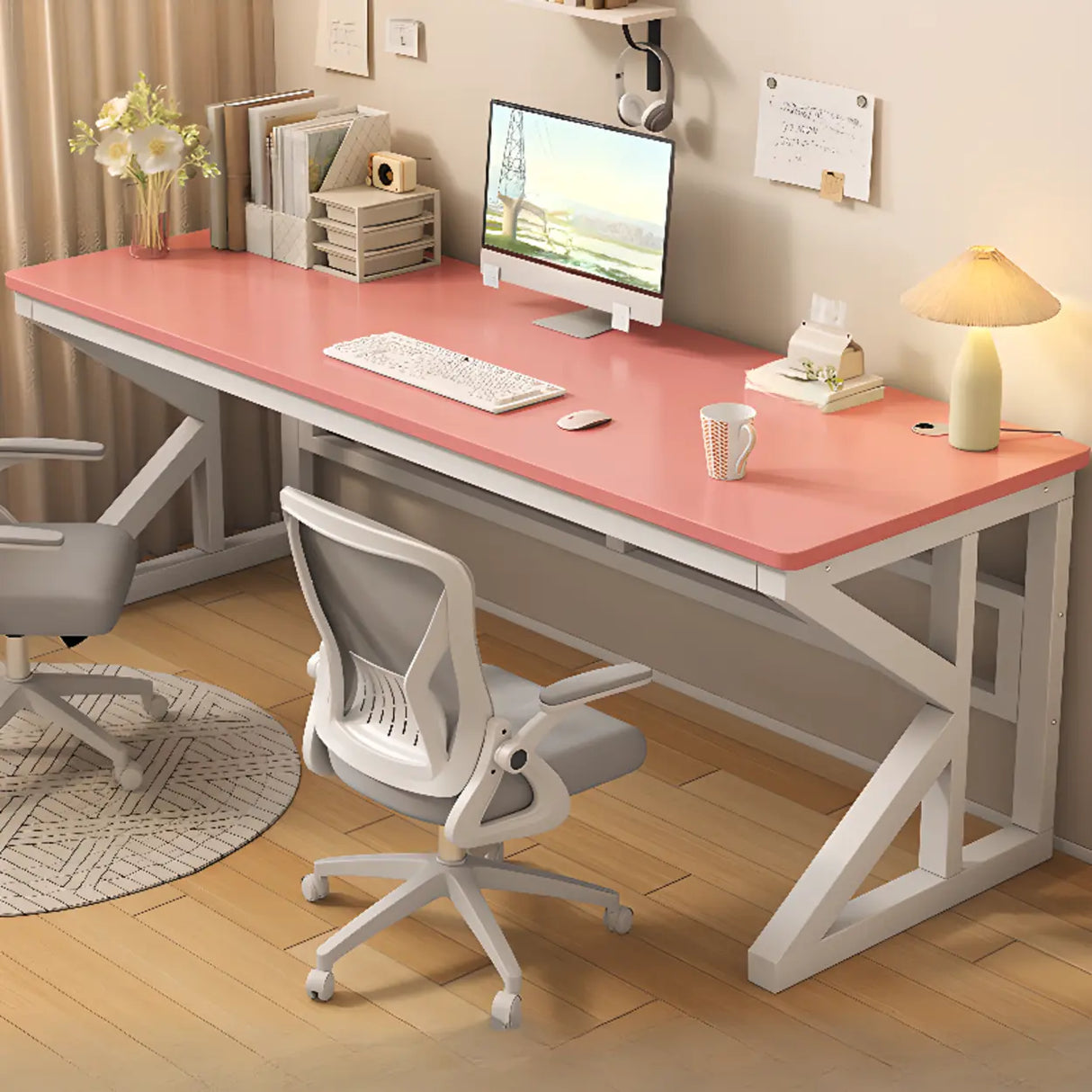 Functional White Wood Rectangle Double Computer Desk Image - 5