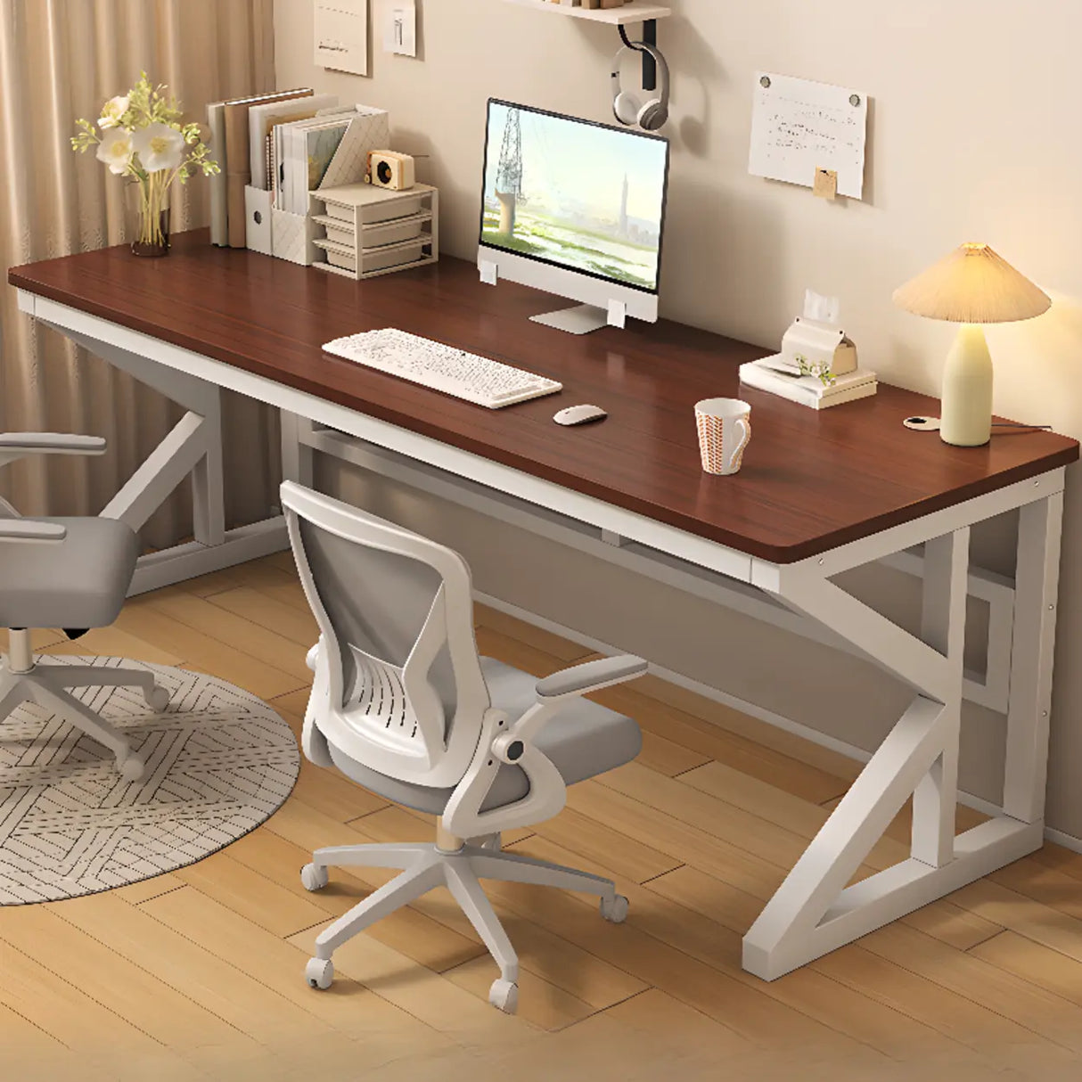 Functional White Wood Rectangle Double Computer Desk Image - 6