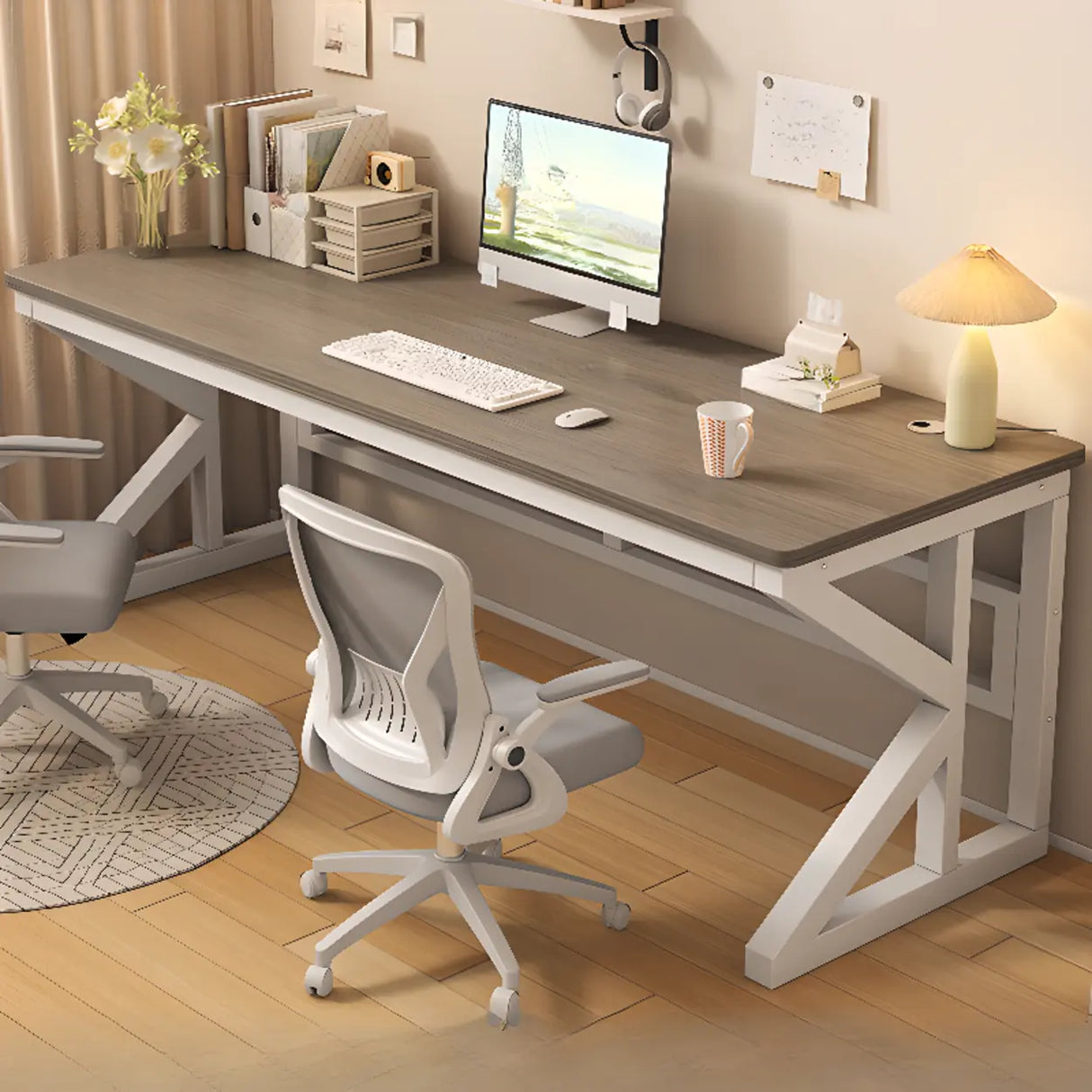 Functional White Wood Rectangle Double Computer Desk Image - 7