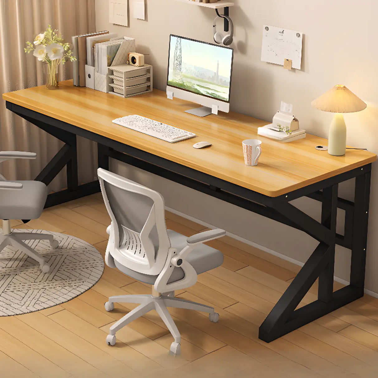 Functional White Wood Rectangle Double Computer Desk Image - 9