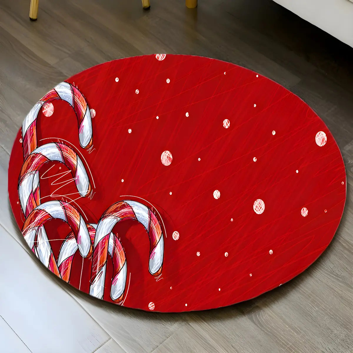 Funky Round Polyester Candy Cane Christmas Area Rug Image - 1