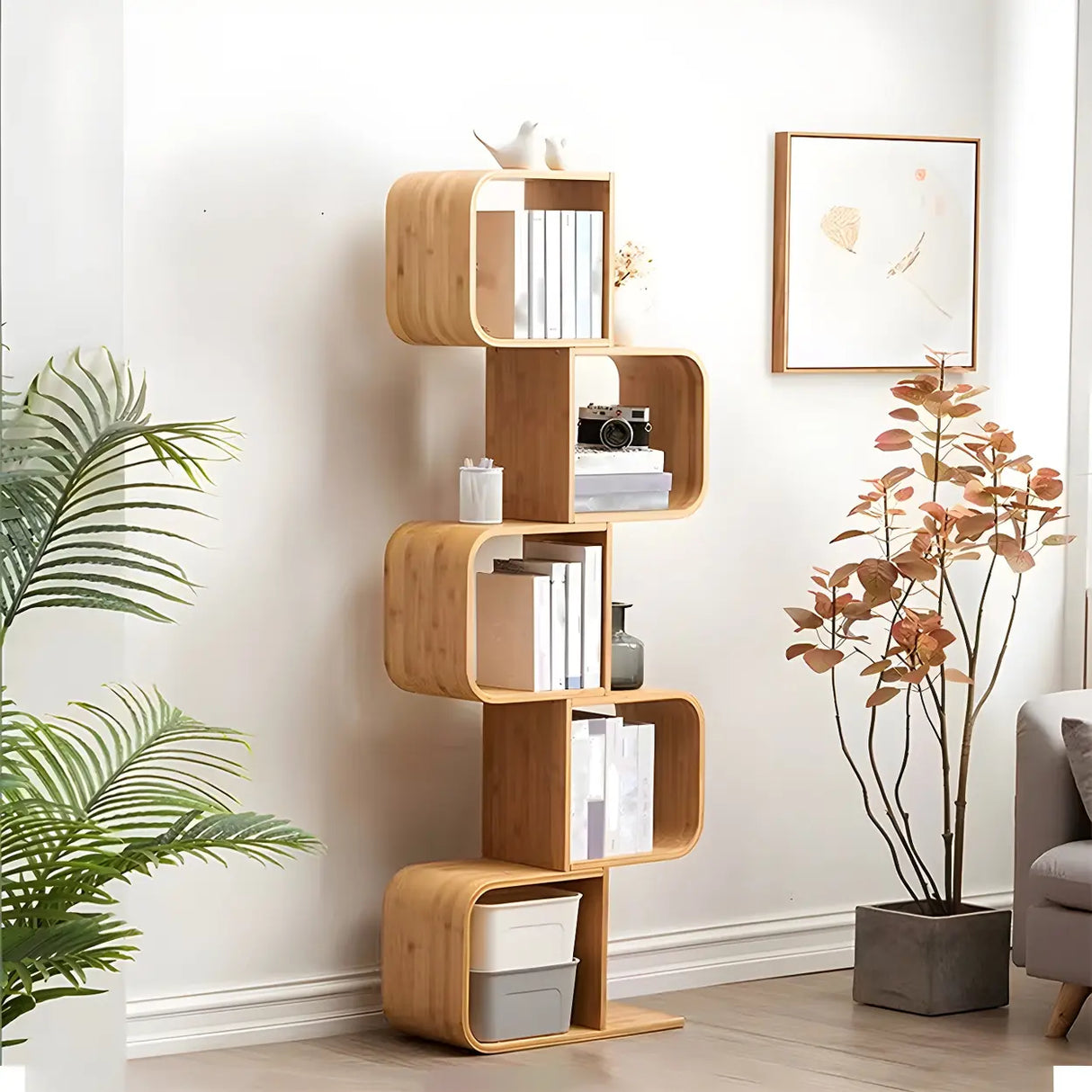 Geometric Bamboo Open Back Storage Bookcase Natural Image - 1