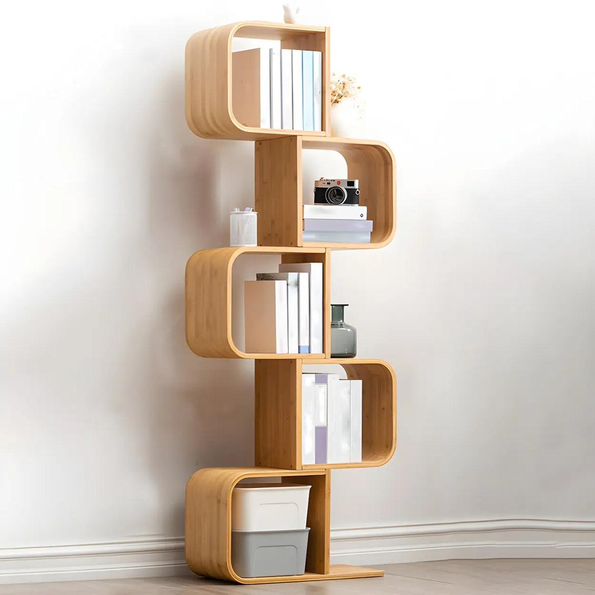 Geometric Bamboo Open Back Storage Bookcase Natural Image - 4