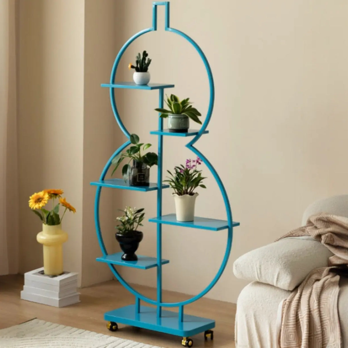 Geometric Floor Metal Gourd Rolling Plant Stand Blue Image - 1