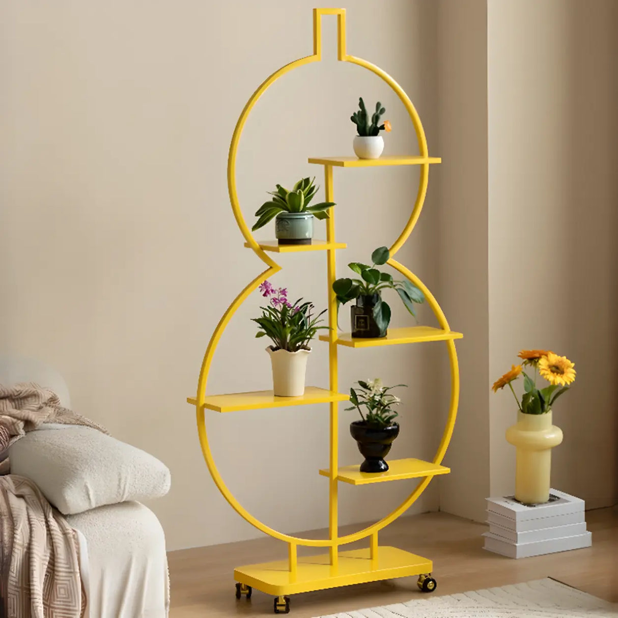 Geometric Floor Metal Gourd Rolling Plant Stand Blue Image - 4