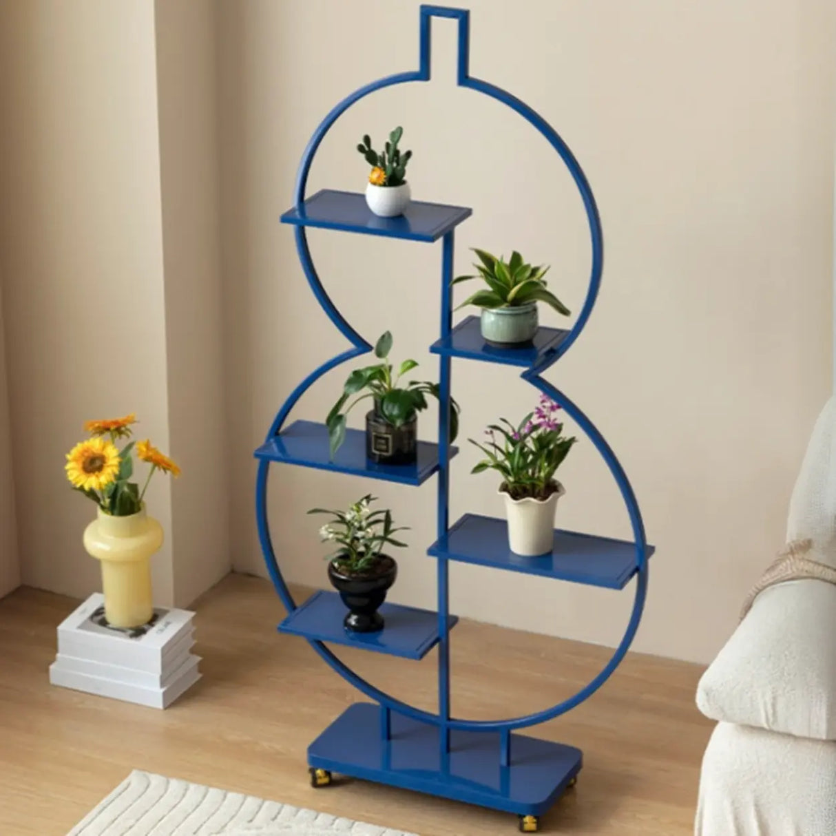 Geometric Floor Metal Gourd Rolling Plant Stand Blue Image - 6