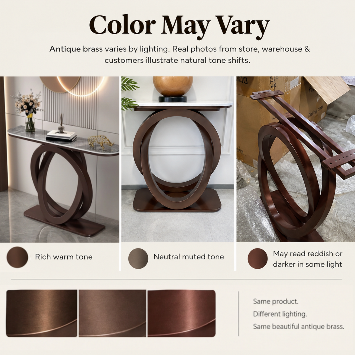 Dark bronze half circle console table with white sintered stone top in a modern hallway with fluted wall