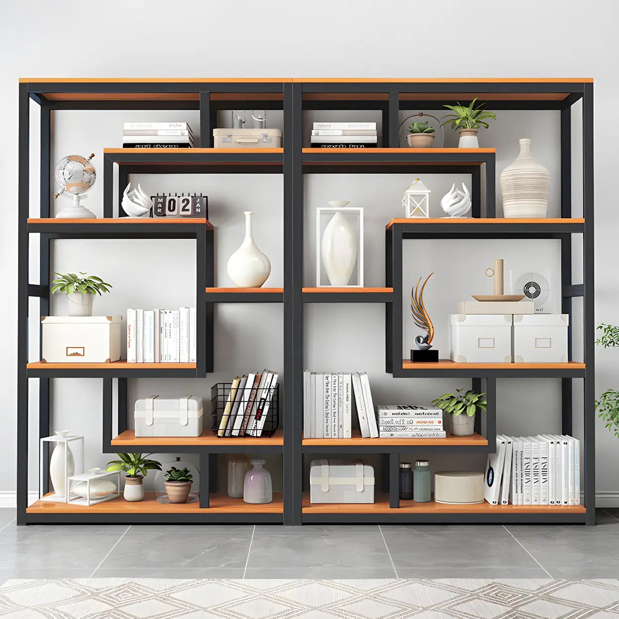 Geometric Metal Wood Black Large Open Back Bookcase Image - 11