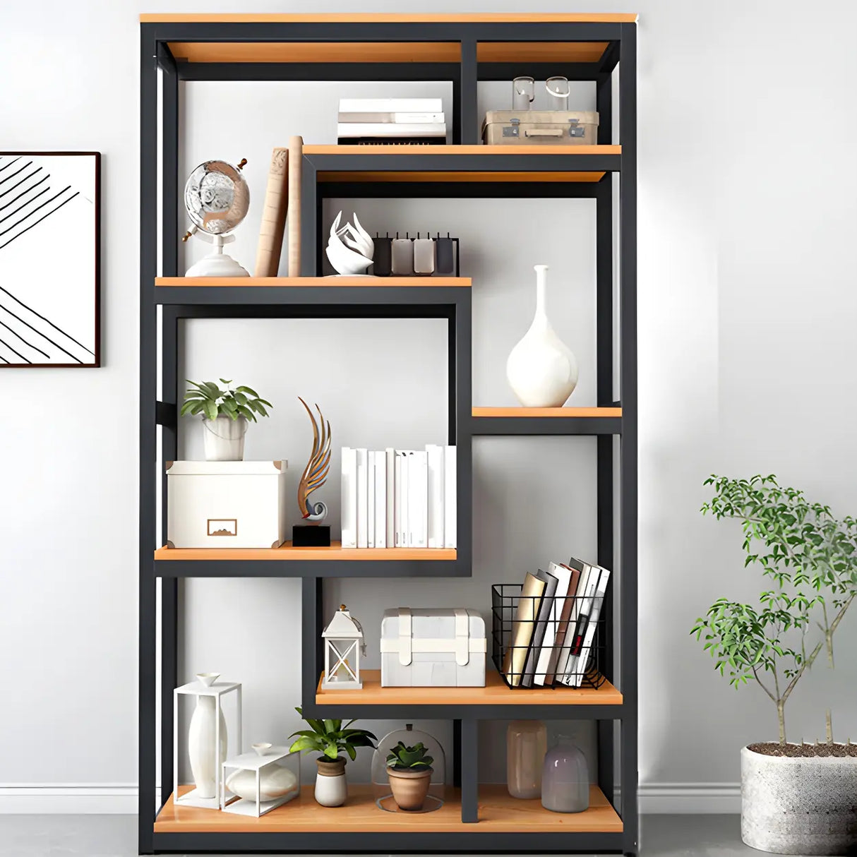 Geometric Metal Wood Black Large Open Back Bookcase Image - 12