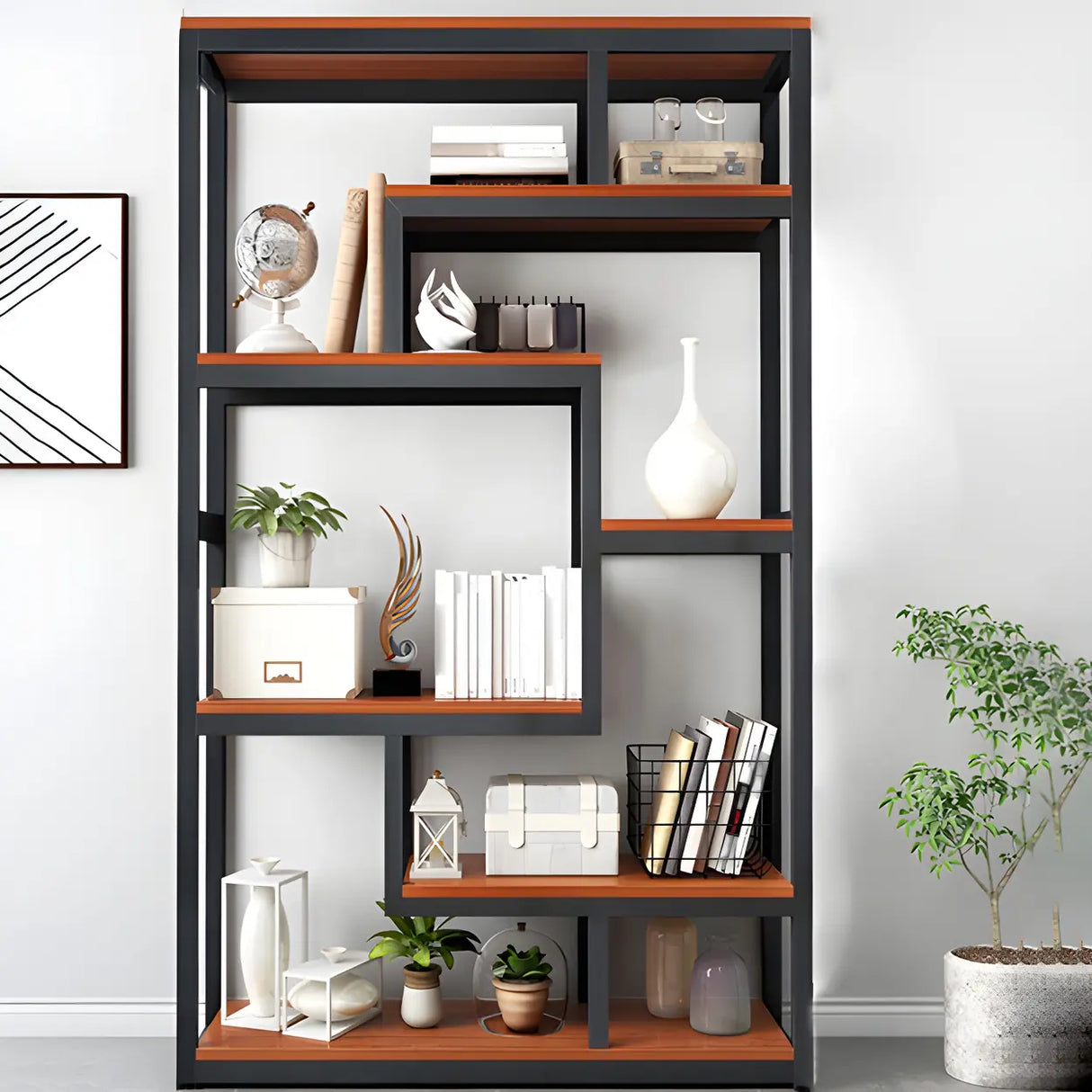 Geometric Metal Wood Black Large Open Back Bookcase Image - 13