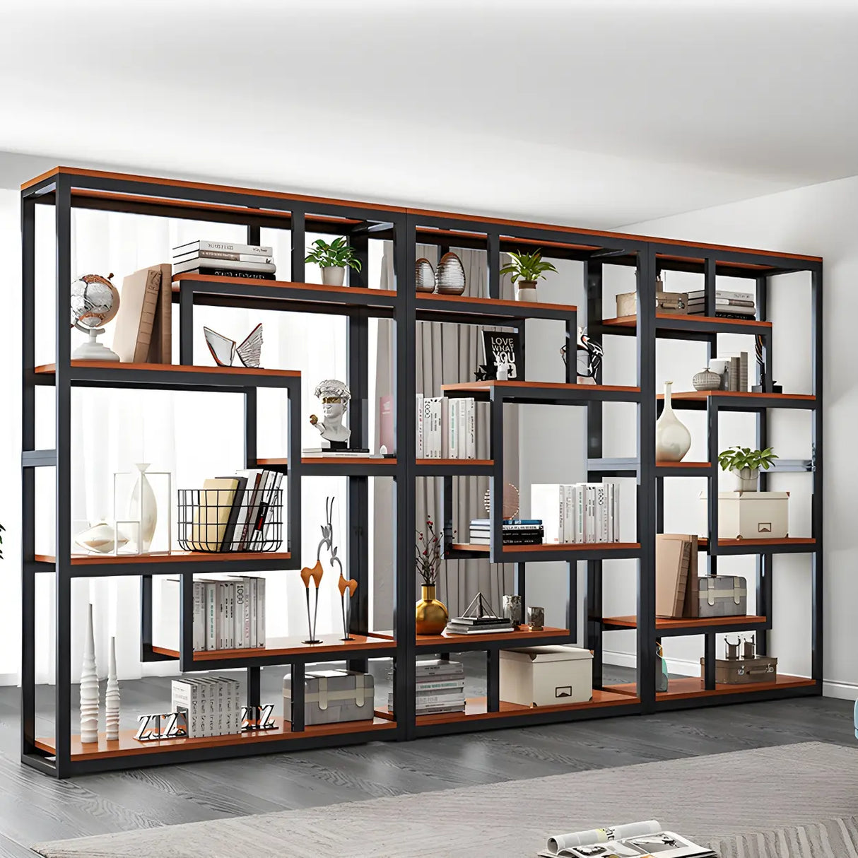 Geometric Metal Wood Black Large Open Back Bookcase Image - 14