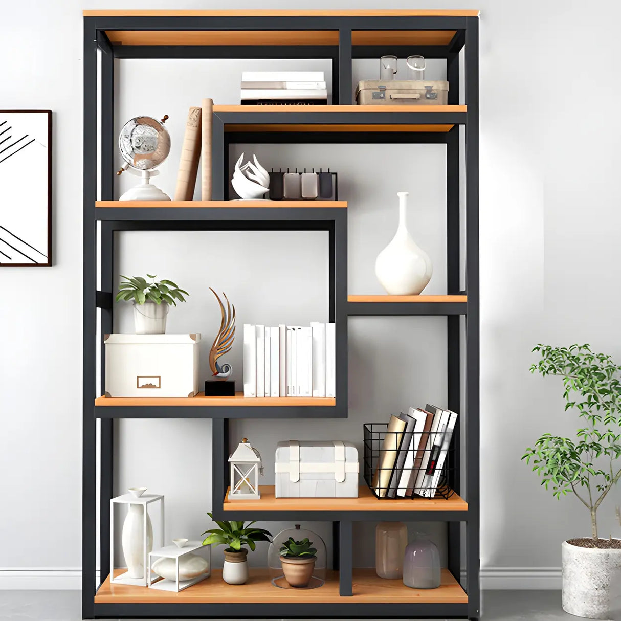 Geometric Metal Wood Black Large Open Back Bookcase Image - 1
