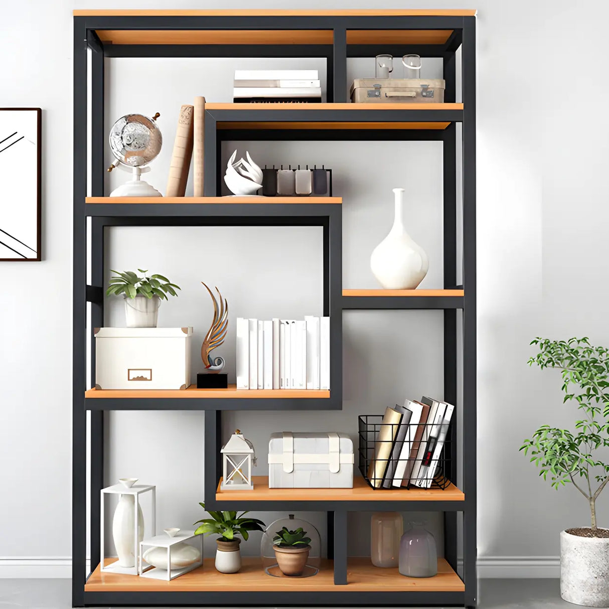 Geometric Metal Wood Black Large Open Back Bookcase Image - 4